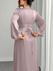 Women Solid Color Round Neck Elegant Lantern Sleeve Slim Waist Long Dress - Pink - View 2