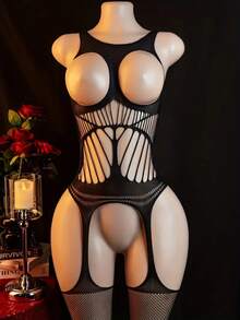 Elegant Women's Black Lingerie Bodysuit - Sexy Hollow-Out Design With Geometric Patterns, High-Stretch Nylon & Elastane Blend, Hand Washable - Seductive Underwear For Intimate Moments, Erotic, Jumpsuit