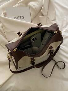 1pc Canvas Contrast Color Patchwork Fashion Duffle Bag,UnisexTravel Luggage,SuitableForOvernightS Tay, Commuting,Short-Distance Travel(Small Size Fo R Commuting,Large Size For Short-Trip) Back To School Supplies Bag For School School Accessories School Stuff - Coffee Brown - View 7