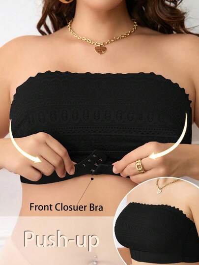 Sutiã Plus Size com Patchwork de Renda e Fecho Frontal, Sutiã Macio e Confortável com Alças Removíveis e Sem Aro