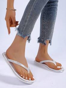 Women's Fashion Rhinestone Soft Bottom Flip Flops, Minimalist & Practical Multi-Function - Silver - View 2