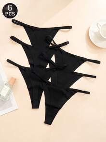 6pcs/Pack Low Waist Sexy Thong Panties, Seamless T-Back Invisible V-String Underwear, Women's Daily Wear, Women's Lingerie & Sleepwear - Black - View 12