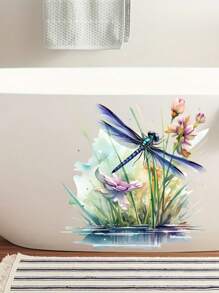 1 Pc Peach Lace Vivid Dragonfly Toilet Decal, Removable And Reusable Easy To Stick Suitable For Waterproof Floral Bathroom Decoration, Elegant Removable Home Aesthetic Art, Room Decoration