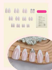 24片白色法式美甲贴纸，中号，合金蝴蝶结和水钻装饰，优雅设计，全覆盖假指甲，适合女性和女孩日常佩戴的美甲用品 - 彩色 - 查看 3