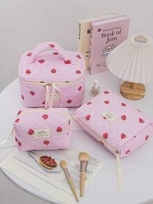 1 Piece Quilted Strawberry Design Travel Cosmetic Bag Multi-Functional Travel Cosmetic Bag Set Large Capacity Cosmetic Pouch,Makeup Bag Makeup Pouch Skincare Bag ,Large Capacity Zipper Bag For Travel ,Makeup Bag Makeup Pouch - Multicolor - View 2