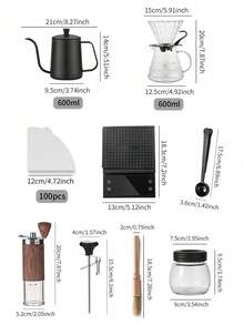 shoxil 咖啡套装、宰牲节礼物、02号手冲咖啡套装、手冲咖啡套装、便携式旅行咖啡配件工具、内含600毫升咖啡壶和温度计、600毫升玻璃咖啡壶（带V02滴滤）、手动咖啡研磨机、咖啡勺、咖啡秤、玻璃咖啡罐、咖啡研磨机清洁刷、100张咖啡滤纸、送给家人和朋友的节日礼物