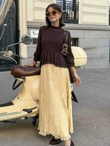 Women's Elegant High-Waisted Pleated Maxi Skirt, Solid Color, Suitable For Autumn Daily Wear And Back To School Season - Yellow - View 6