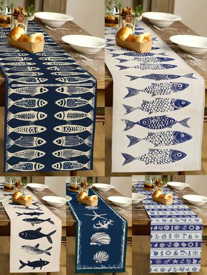 1 pieza Camino de mesa con estampado de peces, estilo moderno, material de lino sintético, disponible en tamaños de 33*91cm, 33*183cm o 33*274cm, decoración del hogar con tema oceánico para interiores/exteriores, suministros para fiestas de cumpleaños, decoración de habitaciones. Adecuado para decoración de cocina y fiestas.