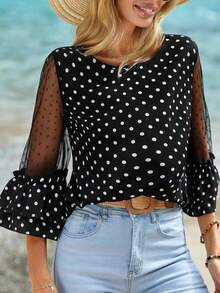 Women's Spring/Summer Vacation Style Polka Dot Print Contrast Mesh Ruffle Sleeve Blouse Black - Black - View 2