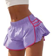 Fisoew Women's Workout Shorts - Lightweight Quick Dry Gym Running Shorts With Pleated Contrast Stitch | High Waisted Athletic Shorts, Yoga Tennis Volleyball, Plus Size, Summer Activewear - 紫色 - 查看 1