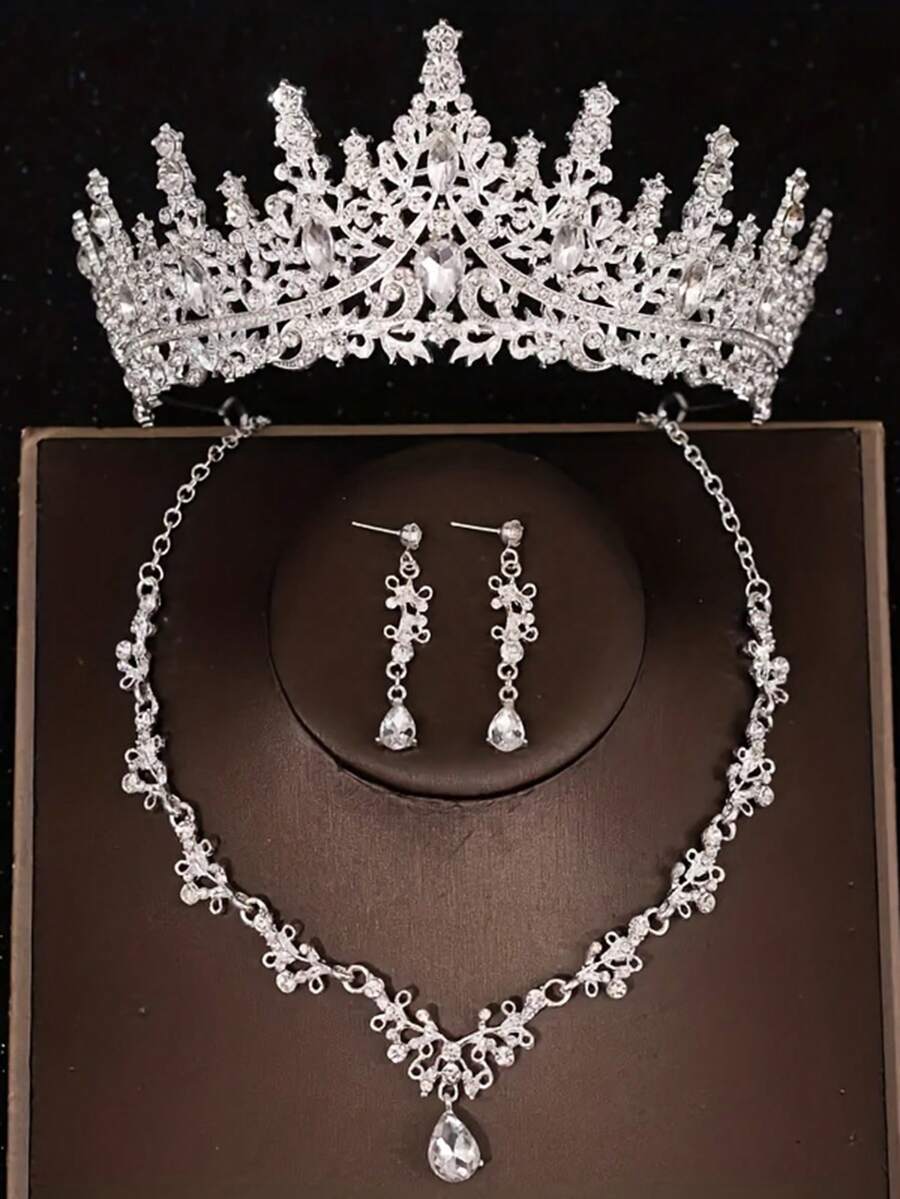 4 件套女士新娘婚礼金皇冠项链耳环精美婚礼派对配饰套装 - 生日派对、选美比赛、舞台表演、皇冠耳环、项链、头饰 - 銀色 - 查看 1
