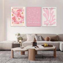 Juego enmarcado de 3 impresiones de arte abstracto de flores en lienzo con estilo de Matisse y Picasso en rosa como decoración de pared para dormitorio de niña, apartamento o sala de estar, creando una atmósfera exclusiva