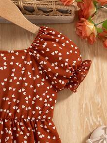 少女情人节爱心印花方领泡泡袖鱼尾连衣裙 - 鏽棕色 - 查看 6