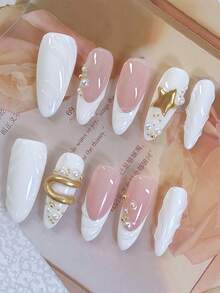 10pcs Y2K Nails Almond-Shaped Press On Nails Set - Handcrafted, Pink And White Nails, White French Tip Style, Hand Drawn Golden Star And 3d Golden Line Pattern, Hand Drawn 3d Transparent Asymmetrical Line Pattern, Golden Steel Ball And White Peal Accents, Perfect For Parties & Casual Attire,Perfect Holiday Gift For Women And Girls, Includes Tool Kit. - View 3