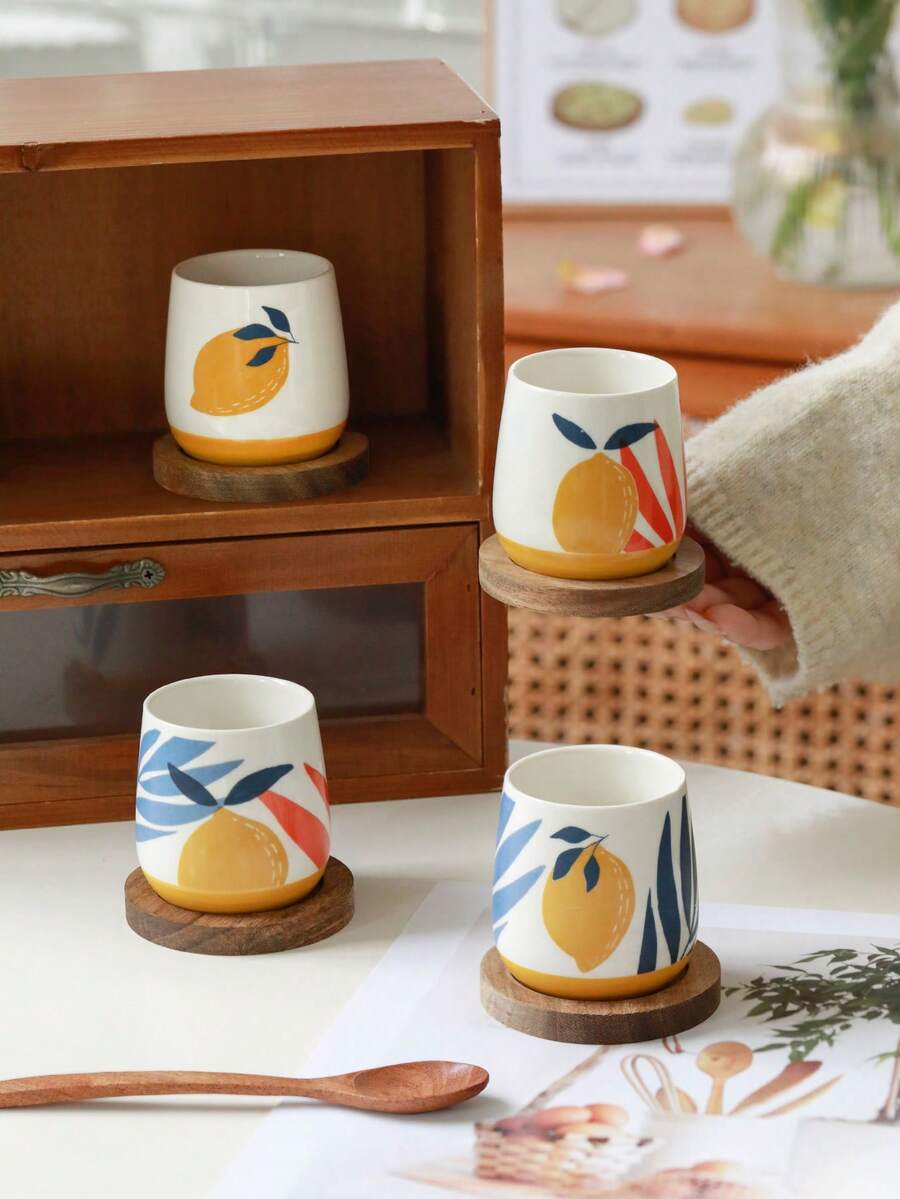 4pcs Elegant Lemon Creative Ceramic Espresso Cups Set With Wooden Tray, Couple/Family Weekend Coffee Mugs, Daily Italian Demitasse Cups, Afternoon Tea Novelty Dopamine Mugs, Small Water Cups - Multicolor - View 1