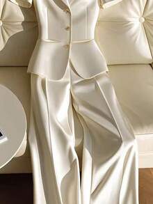 2 件套女士泡泡袖上衣和长裤商务套装、工作装 - 香檳色 - 查看 5