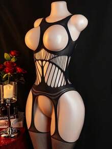 Elegant Women's Black Lingerie Bodysuit - Sexy Hollow-Out Design With Geometric Patterns, High-Stretch Nylon & Elastane Blend, Hand Washable - Seductive Underwear For Intimate Moments, Erotic, Jumpsuit