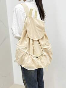 2025 New Drawstring Pleated Casual Backpack, Practical Large Capacity Student Book Bag For Men/Women, Back To School, Water-Repellent Nylon, Multiple Colors Available, School Supplies, School Backpack, School Bag, Backpack For School, Back To School Backpack, School Bookbag, Big Backpack, Backpack School, Back To School Bags, Waterproof, Lightweight, Portable, Foldable, Classic Casual, Suitable For Teen Girls Women College Students, Perfect For Back To School, First Day Of School, Middle School, High School - Beige - View 8