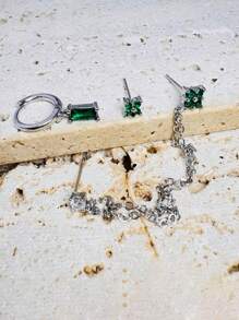 3 Pcs Exquisite Chain Dangle Hoop Earring Stud Sets For Women Emerald Green CZ Flower Cartilage Piercing Earrings Fashion Jewelry, Hypoallergenic 14K Gold Plated Dangle Earrings Dainty Small Long Chain Earring