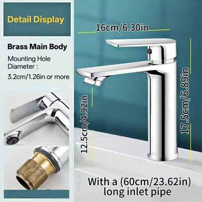 Square Bathroom Sink Faucet, Full Copper Cold & Hot Water Tap For Vanity Sink, Bathroom Sink Faucet (Comes With 23.62in Water Supply Hose)