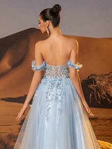 3D Flower Tulle Prom Dresses Long Off Shoulder Corset Sparkly Sequin Lace Embroidery Formal Party Gown For Women High Split A Line Homecoming Dresses For Teen - Blue - View 10