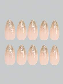 24片装中号杏仁形复古经典奢华裸黄色渐变闪粉美甲套装，为您的美甲增添浪漫气息。优雅性感的全覆盖假指甲套装，包含1张贴纸和1张迷你果冻胶贴纸。随机发货。美甲用品，按压式假指甲。 - 金色 - 查看 4