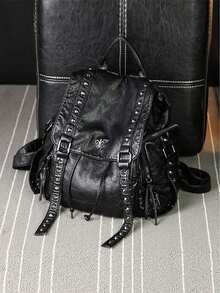 Vintage Rivet Backpack Purse, Retro Punk Style Travel Daypack, Women's Gothic School Knapsack.