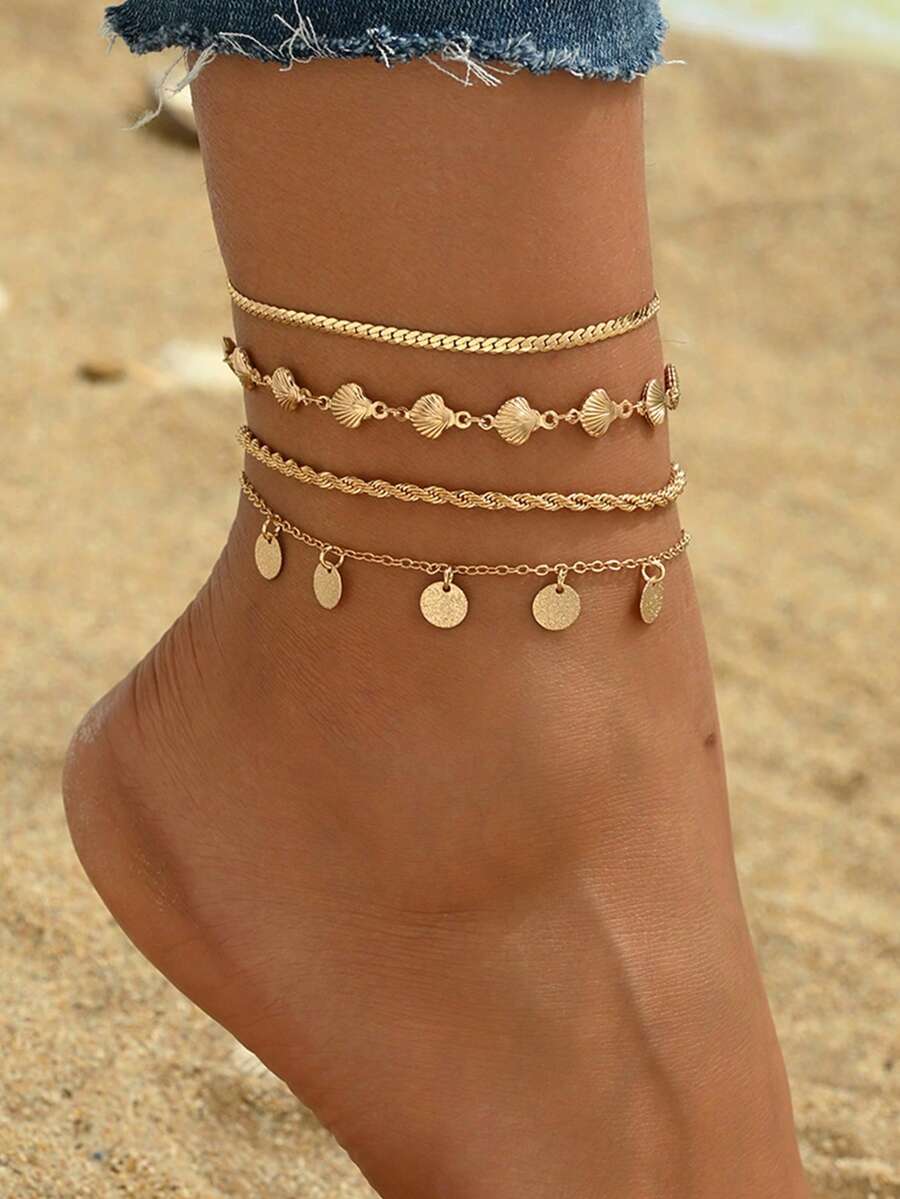 4pcs/Set Summer Gold Metal Disc Tassel Anklet, Handcrafted Ocean Style Shell Chain Beach Jewelry For Women, Suitable For Daily Wear, Beach Travel, And Dates