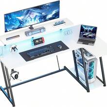 Gaming Desk With LED Lights, 140CM Computer Desk With Monitor Stand, L ...