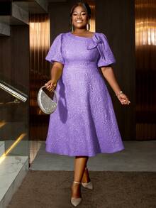 大码女士玫瑰提花泡泡袖A字毕业礼服，适合通勤、优雅鸡尾酒会、半正式舞会、生日、婚礼宾客、毕业典礼、晚宴、返校节等场合，也适合情人节和春季穿着。 - 紫色 - 查看 7