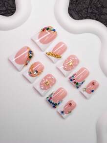 Spring/Summer Handmade Duck-Mouth Nail Art Set, Y2K Baddie Style, Including Nude, White French Tip Nails With White Accent, Multicolor Rhinestones, Pearl, Steel Ball Decorations, 10pcs/Set 3 Sizes, Suitable For Party, Wedding, Daily Wear, Comes With Tool Kit, Great Gift For Women And Girls