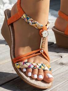 WRCVS Sandal quai đan bạc, giày đế xuồng cao, đế dày, thủ công đính cườm, sandal đế xuồng nhẹ nhàng phong cách bohemian cho kỳ nghỉ. - trái cam - Xem 7