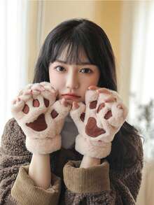 1 Pair Cute Cat Paw Fingerless Gloves, Plush Half-Finger Gloves, Warm & Cold-Resistant, Suitable For Girls Daily Use In Winter (With Rope) - Multicolor - View 10