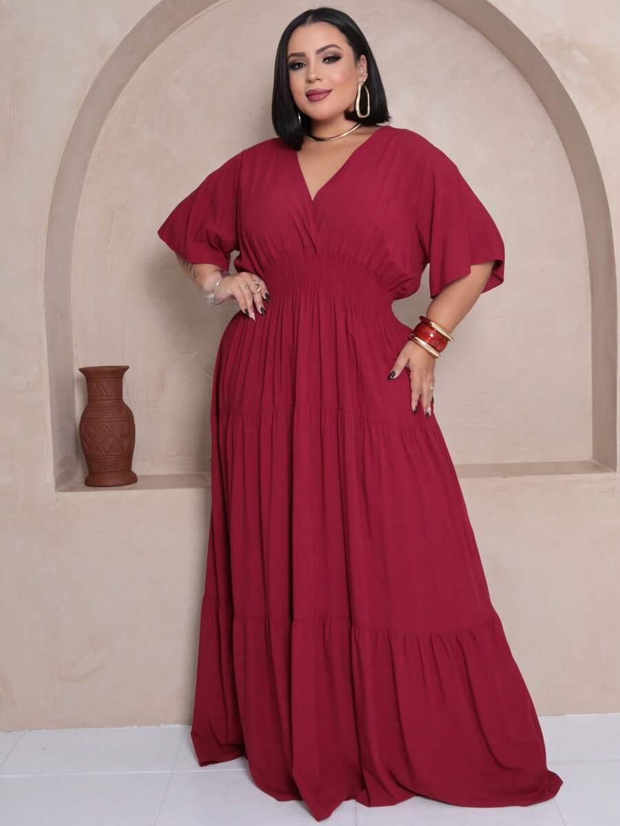 Plus Size Long Dress V Neck Short Sleeve - Burgundy - View 1