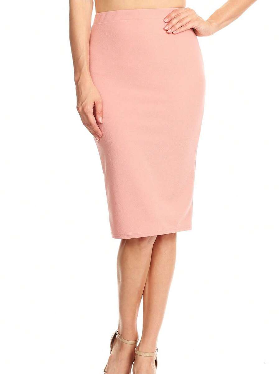 Casual High Waist Slim Stretch Pull-On Bodycon Pencil Solid Midi Skirt - Hồng - Xem 1