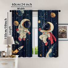 2 piezas Cortinas con estampado de astronauta, tela de poliéster de 100-120g, diseño de bolsillo para barra, estilo moderno, impresión por sublimación de primavera, decoración estacional, sin forro, adecuado para dormitorio, sala de estar - Multicolor - Ver 3