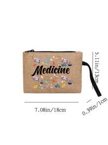 Conjunto de duas peças de linho com bordas amarelas e pretas, com as letras "Med" e estampas coloridas de suprimentos médicos, apresentando um design de nicho de bolsa de lona feminina da moda, bolsa de linho grosso com botões da moda, sacola de compras multifuncional, presente de agradecimento, design inovador, grande capacidade, presente personalizado para aniversários de casamento e de amigos, adequado para férias, vida cotidiana, passeios e compras de supermercado.