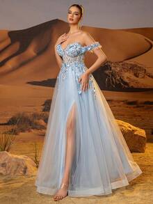 3D Flower Tulle Prom Dresses Long Off Shoulder Corset Sparkly Sequin Lace Embroidery Formal Party Gown For Women High Split A Line Homecoming Dresses For Teen - Blue - View 4
