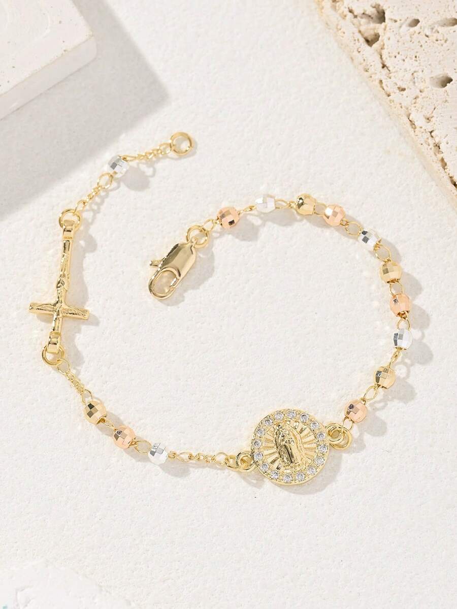 1pc Handmade Rosary Religious Virgin Mary Bracelet, Suitable For Ladies. Daily Holiday Wear/Decoration/Gift/Gold Bracelet/Religious Jewelry. - Yellow Gold - View 1