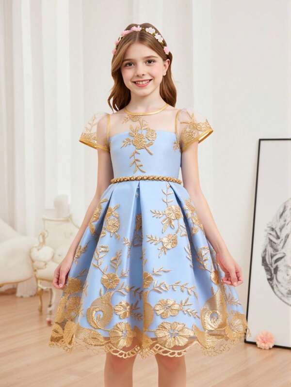 Tween Girl Embroidered Mesh Patchwork Elegant Short Sleeve Princess Dress, Flower Girl Pageant Gown