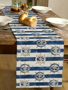 1pc Nautical Themed Linen Table Runner With Turtle, Anchor, Shell, Starfish Patterns, Modern Style, Available In 33*91cm, 33*183cm, 33*274cm Sizes, Home Decor, Indoor/Outdoor Party Supplies - Multicolor - View 3