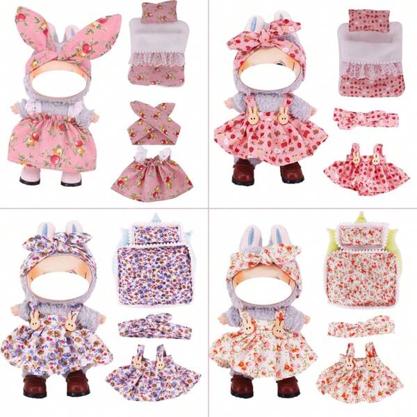2 sets: stoffen haaraccessoires met ditsy bloemenmotief + beddengoedset (matrashoes + quilt + kussen) / slaapzakset (slaapzak + kussen), geschikt voor 17 cm poppen, pluche poppenkleding, voor poppen van de 1e en 2e generatie, pluchen figuren voor zittend feest
