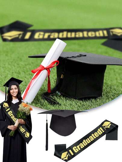2pcs/Set 2025 Graduation Doctorate Cap Ritual Set, Sash, Ribbon, "Graduated!" Gold Printed, Graduation Party Supplies, Graduation Ceremony Shoulder Strap, Suitable For Graduates, Parties, Banquets, Events, Birthday, Celebrations, Class Graduation Photo Props