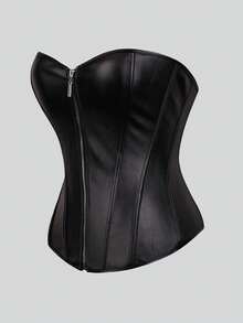 1 szt. Czarna skóra PU Seksowna Plus Size Kobiety Topy Zamek błyskawiczny z przodu Sznurowany Gorset Wieczorna randka Wakacje Urodziny Impreza Codzienny Bez Ramiączek Shapewear Top