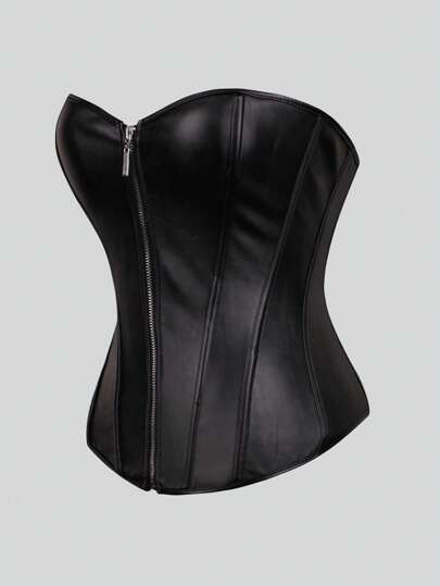 1pc Black PU Leather Sexy Plus Size Women Tops Front Zipper Lace Up Corsetlet Evening Date Holiday Birthday Party Daily Strapless Shapewear Top