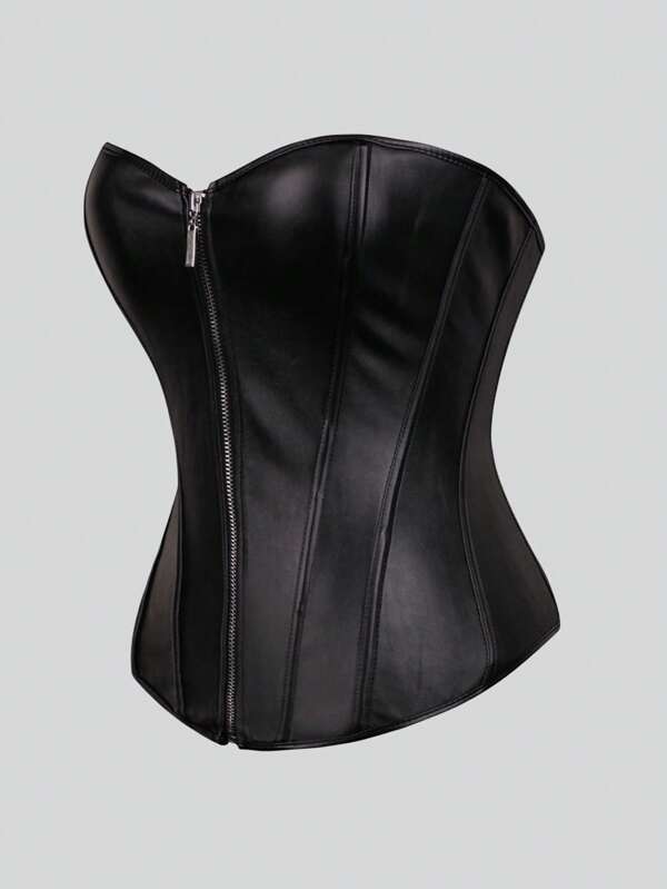 1 szt. Czarna skóra PU Seksowna Plus Size Kobiety Topy Zamek błyskawiczny z przodu Sznurowany Gorset Wieczorna randka Wakacje Urodziny Impreza Codzienny Bez Ramiączek Shapewear Top