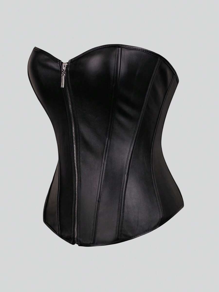 1 szt. Czarna skóra PU Seksowna Plus Size Kobiety Topy Zamek błyskawiczny z przodu Sznurowany Gorset Wieczorna randka Wakacje Urodziny Impreza Codzienny Bez Ramiączek Shapewear Top