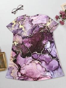 女士紫色大理石印花短袖T恤，时尚 - 紫色 - 查看 3
