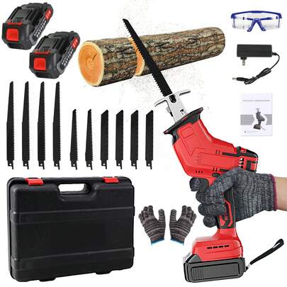 コードレス電動レシプロソー、バッテリー2個、ポータブル収納ケース、工具不要の交換可能な鋸刃10枚付き、軽量、大容量バッテリー2個付き、金属、プラスチック、木材の切断に適しています