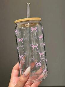 1 Pc Glass Cup Pink Bow 550ml ,Coffee Cup With Sealed Bamboo Lid And Straw, Christmas,Summer, Halloween,Suitable For Office And School, For Coffee, Tea, Beer, Juice, Hot And Cold Drinks, Smoothies, Etc,Reusable, Thermal Insulation, Used For Parties, Gatherings, Festivals, Thanksgiving,Teachers' Day, Holiday Gifts, A Gift For Mom, Lovers, Boyfriends And Girlfriends,Best Friend, Bride.